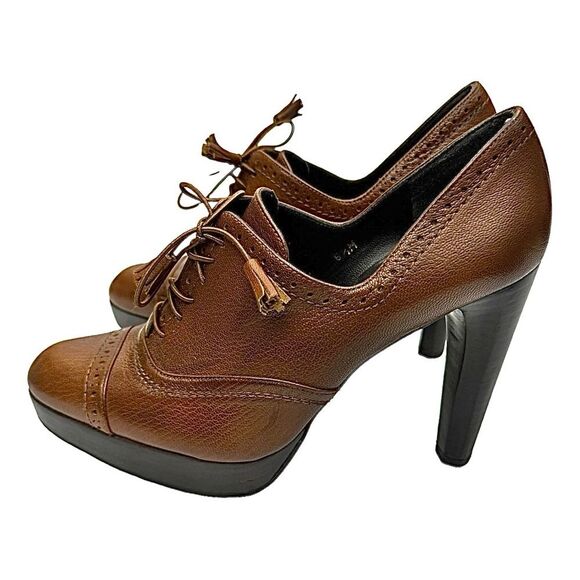 Stuart Weitzman Brogue Platform Ankle Heels Brown 6.5M Leather Made in Spain - Picture 7 of 14